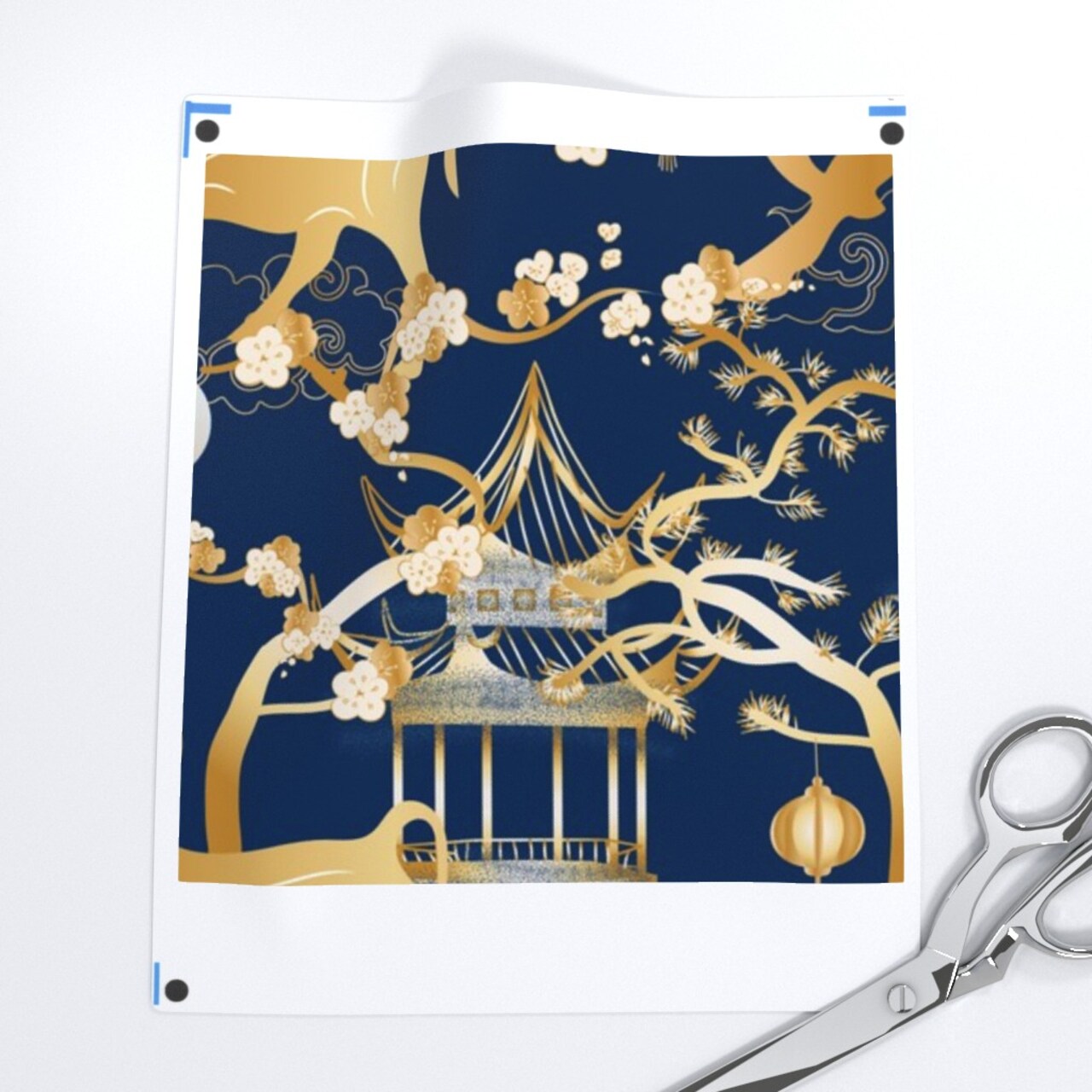 Year Toile Chinoiserie Lunar Japanese Pagoda Gold Blue Chinese Spring Landscape Custom Printed Fabric by Spoonflower Various Fabrics by the Yard or Fat Quarter